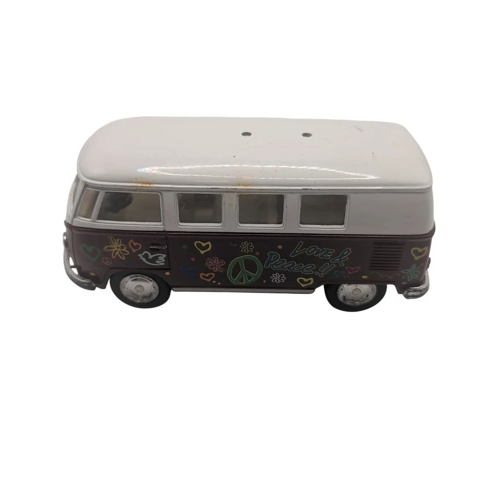 Kinsmart Diecast Toy Brown 1962 VW Classical Bus Peace Love Hippie Metal